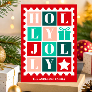 Cartão De Festividades Selo Postal de Natal Retro Holly Jolly