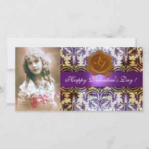 Cartão De Festividades Selos de Cera Roxo Antigo Damask Marrom Monograma