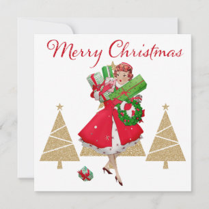 Cartão De Festividades Senhorita de Natal Vintage Presentes Vermelho Verd
