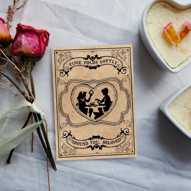 Cartão De Festividades Sentimental Sepia Vintage Silhouette Heart (Ornate scrolls and lovers’ silhouettes—carrying love’s gentle unfolding across time’s embrace.)