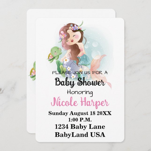 Cartão De Festividades Sereia e Chá de fraldas de Tartaruga (Frente/Verso)