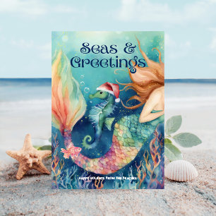 Cartão De Festividades 🧜 ♀️ Sereia e Papais noeis do Mar Natal Praia