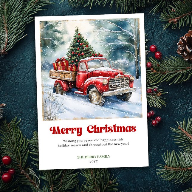 Cartão De Festividades Serene Rustic Red Truck Winter Scene Greeting Card (Serene Rustic Red Truck Winter Scene Greeting Card)