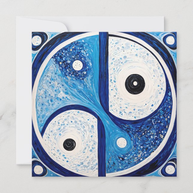 Cartão De Festividades Serenidade Geométrica: Yin Yang Azul e Branco (Frente)