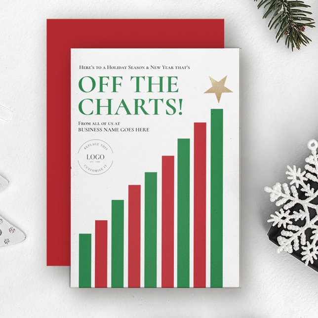 Cartão De Festividades Setor financeiro fora dos Felizes anos novos de gr (Off the charts red, green, gold financial business christmas holiday cards with logo.)