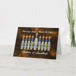 Cartão De Festividades Shalom at Hanukkah, Customizable Recipient Front<br><div class="desc">A stylized menorah is the focal point for this card saying "Shalom at Hanukkah". By editing the name(s) of the recipient(s), you can make this a very personal design, addressed to the person(s) who will receive it (delete the placeholder text if this feature is not desired). In the flames of...</div>