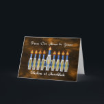 Cartão De Festividades Shalom at Hanukkah, Our Home to Yours<br><div class="desc">A stylized menorah is the focal point for this card saying "Shalom at Hanukkah" and meant to be from one family to another. In the flames of the candles, the Hebrew characters for the word "Shalom" can be seen, and the background is an abstract depiction of a swirling, nebulous sky....</div>