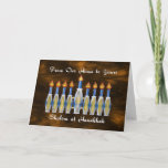 Cartão De Festividades Shalom at Hanukkah, Our Home to Yours<br><div class="desc">A stylized menorah is the focal point for this card saying "Shalom at Hanukkah" and meant to be from one family to another. In the flames of the candles, the Hebrew characters for the word "Shalom" can be seen, and the background is an abstract depiction of a swirling, nebulous sky....</div>