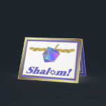 Cartão De Festividades Shalom Hanukkah Card<br><div class="desc">Hanukkah card with dreidel,  gold coins and Shalom in purple and gold tones.</div>