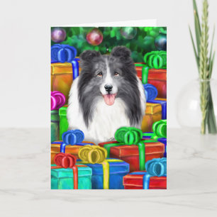 Cartão De Festividades Sheltie Christmas Open Gifts Bi Blue