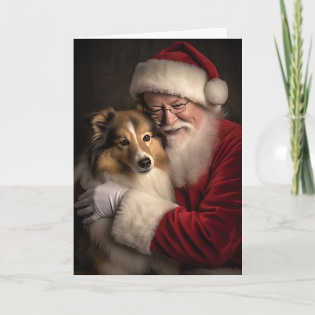 Cartão De Festividades Sheltie e Papai Noel (Frente)