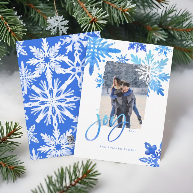 Cartão De Festividades Shibori Tie Dye Royal Blue Snowflakes Foto (Shibori Tie Dye Royal Blue Snowflakes Photo Holiday Card)