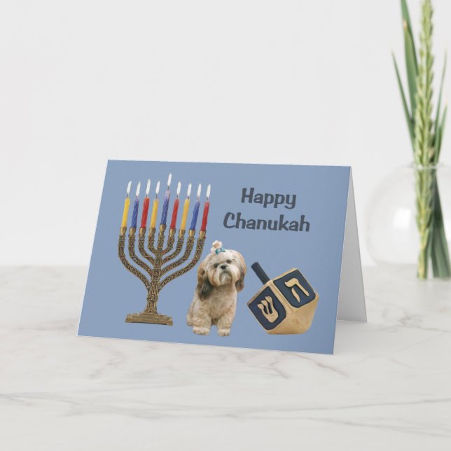 Cartão De Festividades Shih Tzu Chanukah Card Menorah Dreidel (Frente)