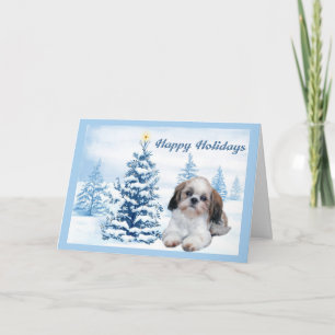 Cartão De Festividades Shih Tzu Christmas Card Blue Tree