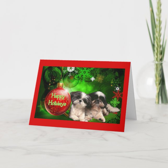 Cartão De Festividades Shih Tzu Christmas Card Happy Holidays Ball (Frente)