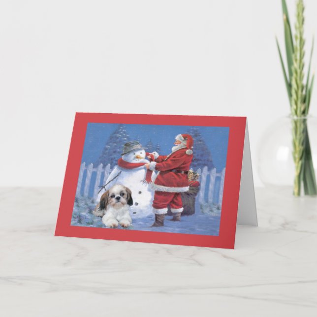 Cartão De Festividades Shih Tzu Christmas Card Santa and Snowman (Frente)