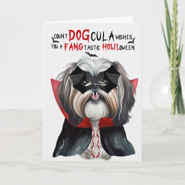 Cartão De Festividades Shih Tzu Dog Funny Count DOGula Halloween (Frente)