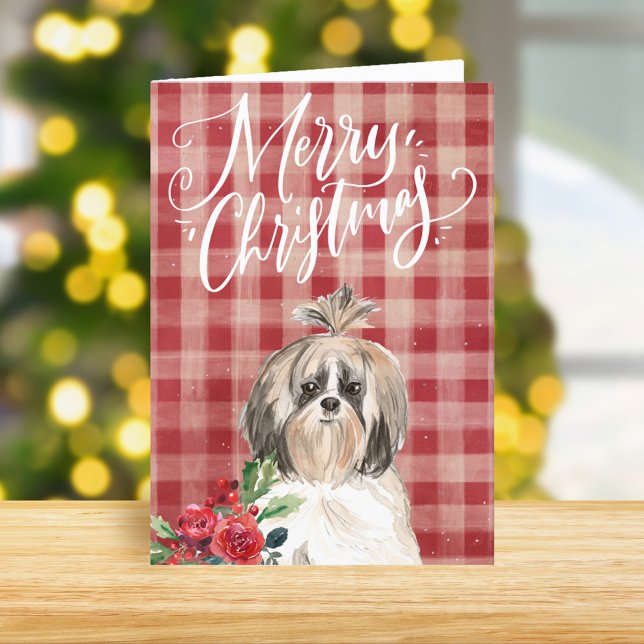 Cartão De Festividades Shih Tzu Dog Red Xadrez Natal (Criador carregado)