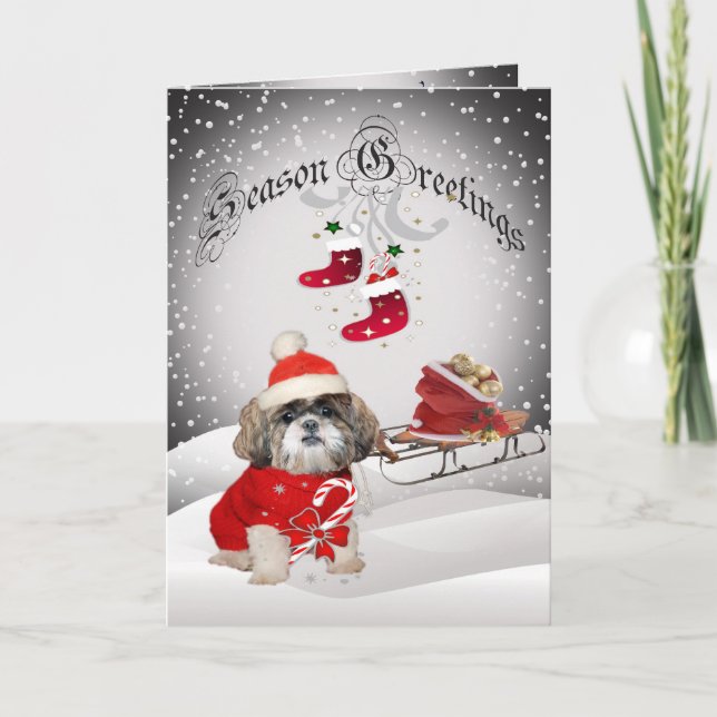 Cartão De Festividades Shih Tzu Santa Snow Scene greeting cards (Frente)