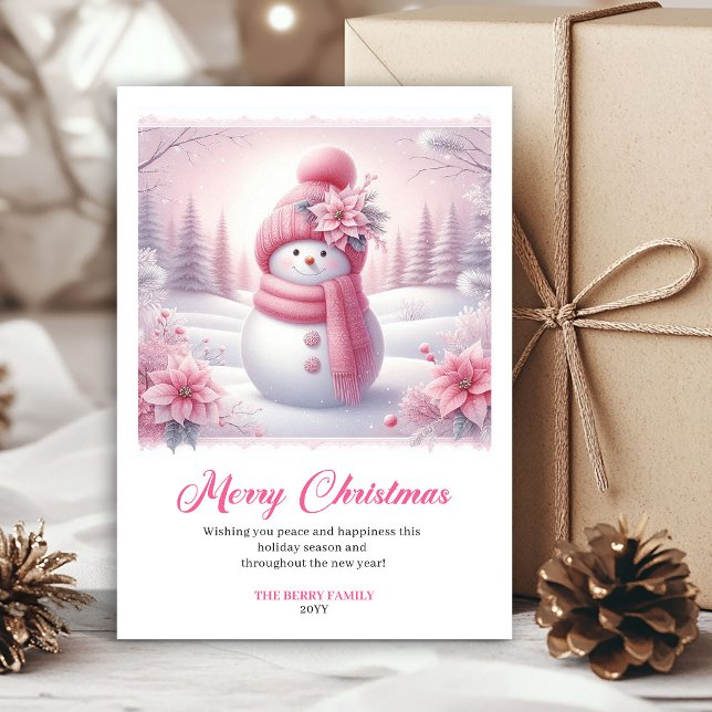 Cartão De Festividades Shiny pink snowman kids card editable digital art (Shiny pink snowman kids card editable digital art)