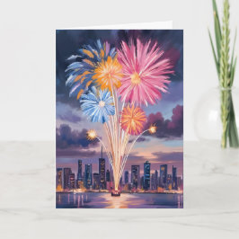 Cartão De Festividades Show de Fogos de Artifício | Ano Novo Aquarela