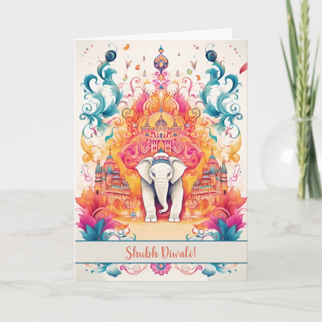 Cartão De Festividades 🐘 Shubh Diwali com Elegância Watercolor (Frente)