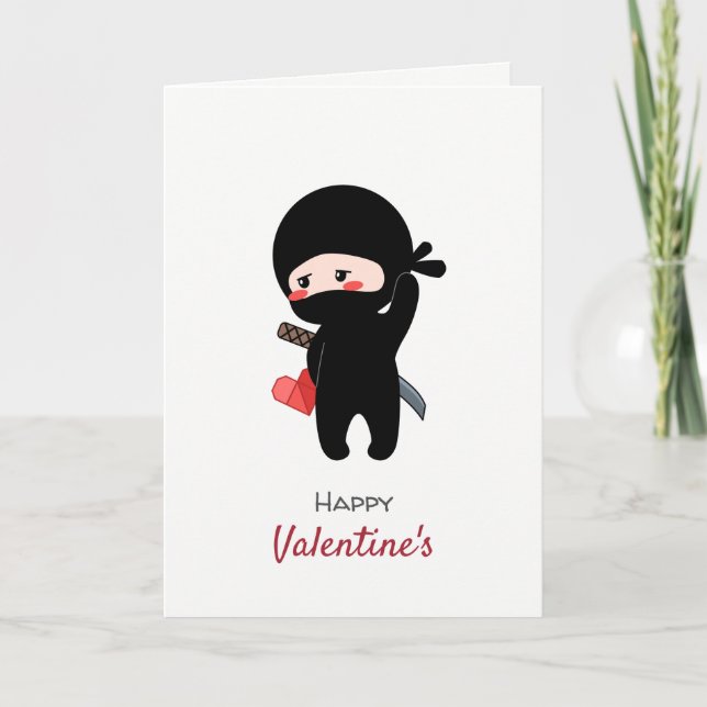 Cartão De Festividades Shy Blushing Ninja Holding Origami Paper Heart (Frente)
