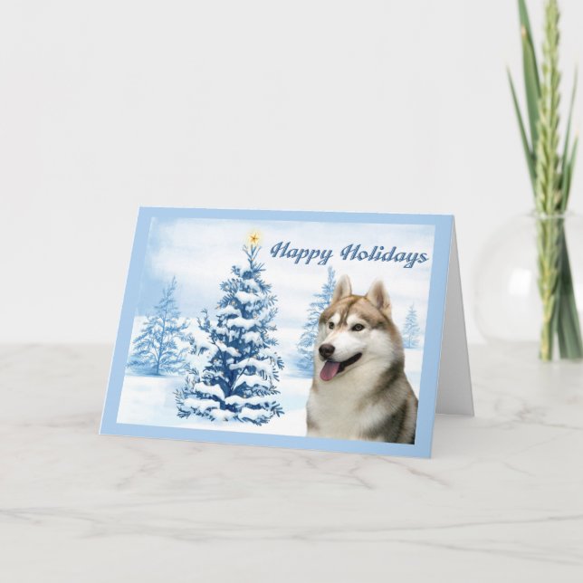 Cartão De Festividades Siberian Husky Christmas Card Blue Tree (Frente)