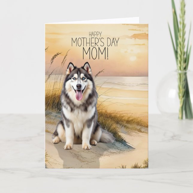 Cartão De Festividades Siberian Husky Dog Sunset Beach Mother's Day (Frente)