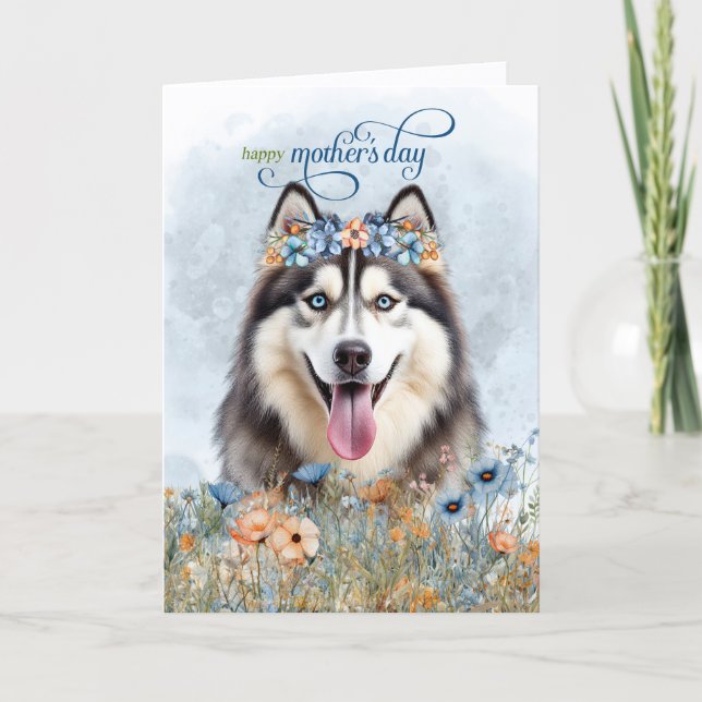 Cartão De Festividades Siberian Husky Dog Wildflowers Mother's Day (Frente)