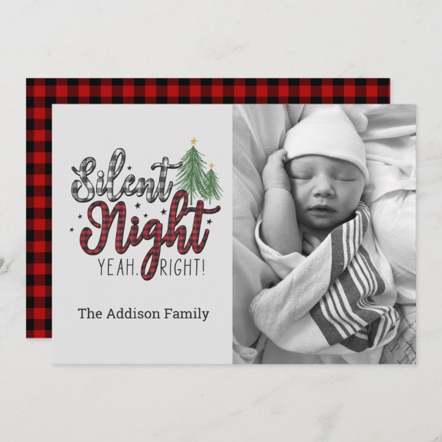 Cartão De Festividades Silent Night Yeah Right Plaid Christmas Card (Frente/Verso)