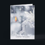 Cartão De Festividades Silver blue candle, snowflake German Christmas<br><div class="desc">Snowy scene in silver bluish winter colors with candle,  present boxwith lacy ribbon and snowflake The German text in front says: Merry Christmas. Inside in German too: Merry Christmas and a happy New Year.</div>