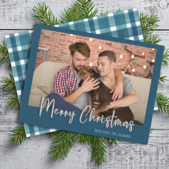 Cartão De Festividades Silver Feliz Bolha de Natal Letras Xadrez Azul (Criador carregado)