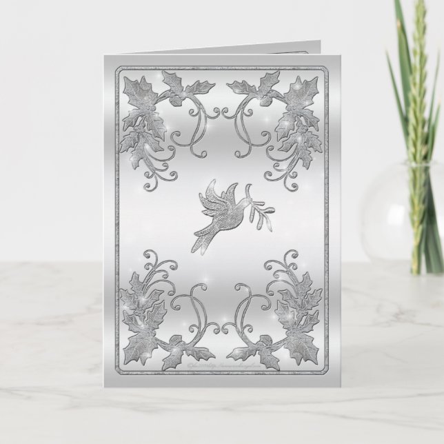 Cartão De Festividades Silver Holly and Dove Greeting (Frente)