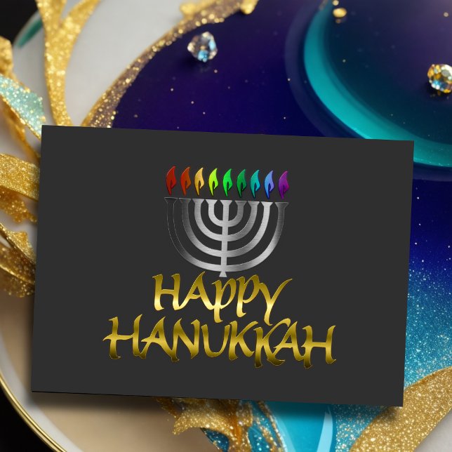 Cartão De Festividades Silver Menorah Rainbow Flames Happy Hanukkah (Criador carregado)