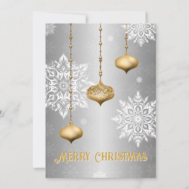 Cartão De Festividades Silver Snowflake and Ornament Christmas Card (Frente)