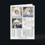Cartão De Festividades Silver Snowflake Joy To The World 3 Photo<br><div class="desc">Create your own personalized holiday cards with this silver snowflake Joy To The World 3 photo collage template design. Add 3 of your favorite photos into the design where they are surrounded by a faux silver glitter border. JOY in a stylized light gray script font is surrounded by five snowflakes...</div>