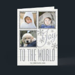 Cartão De Festividades Silver Snowflake Joy To The World 3 Photo<br><div class="desc">Create your own personalized holiday cards with this silver snowflake Joy To The World 3 photo collage template design. Add 3 of your favorite photos into the design where they are surrounded by a faux silver glitter border. JOY in a stylized light gray script font is surrounded by five snowflakes...</div>