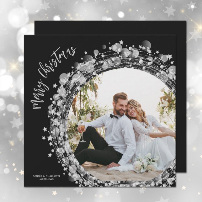 Cartão De Festividades Silver Stars Foto Feliz Natal Preto (Criador carregado)