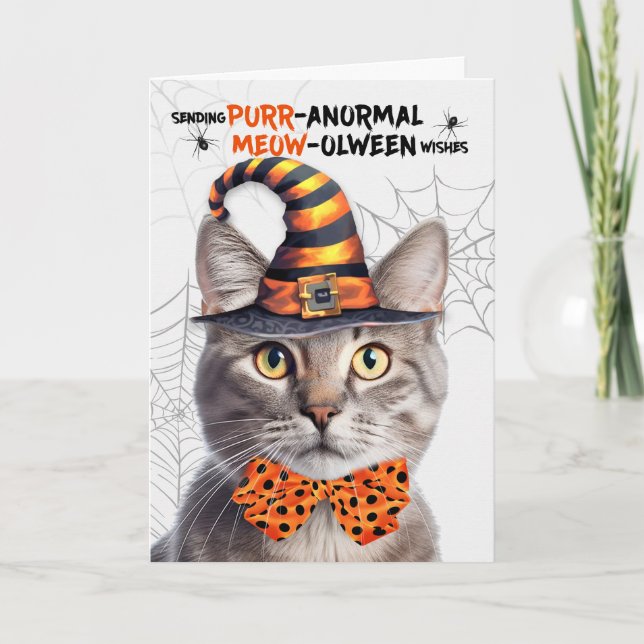 Cartão De Festividades Silver Tabby Halloween Cat PURRolinterwona (Frente)