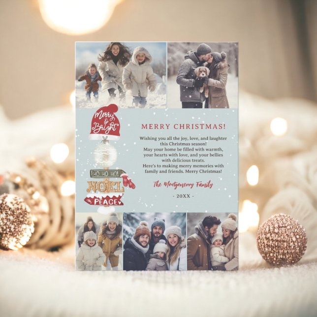 Cartão De Festividades Símbolo de madeira russo - 5 fotos de Natal (Rustic wooden sign script Christmas 5 photos Holiday Card on icy blue)