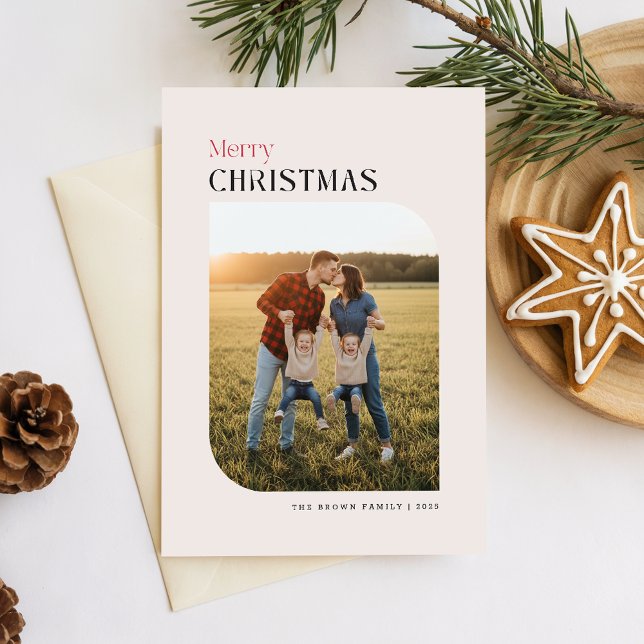 Cartão De Festividades Simple Arch Photo Family Name Christmas Wishes (Criador carregado)