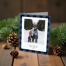 Cartão De Festividades Simple Blue Black Plaid Border 3 Photo Christmas