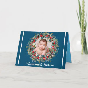 Cartão De Festividades Simple Blue holiday family photo elegant wreath