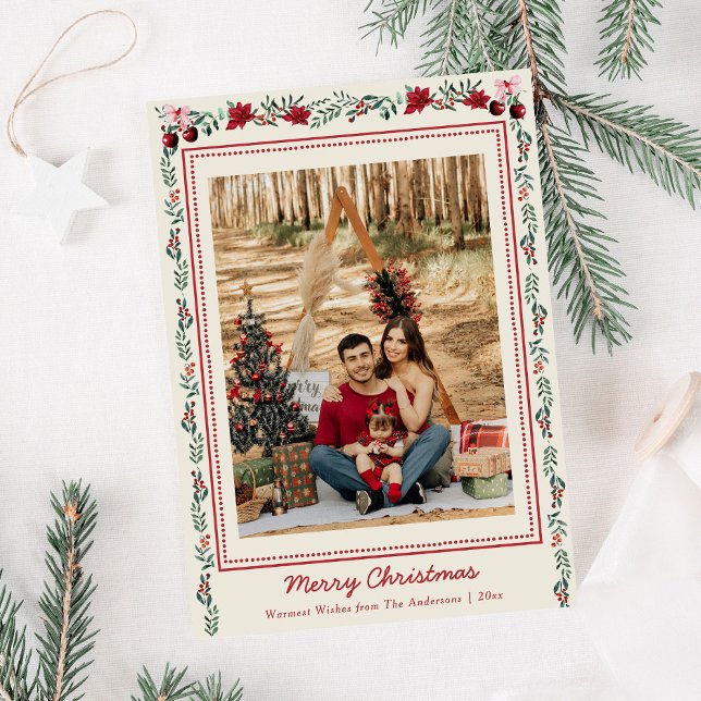 Cartão De Festividades Simple Boho Christmas Greenery Poinsettia 1 Foto (Criador carregado)