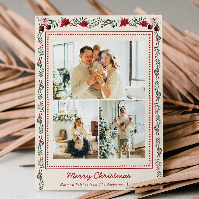 Cartão De Festividades Simple Boho Christmas Greenery Poinsettia 3 Foto (Criador carregado)