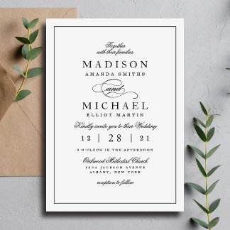 Cartão De Festividades Simple Elegant Black and White Wedding Invitation
