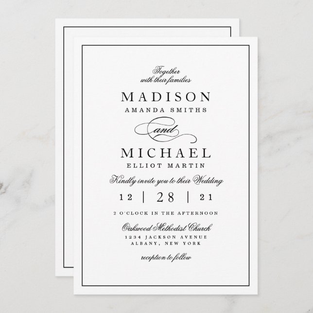 Cartão De Festividades Simple Elegant Black and White Wedding Invitation (Frente/Verso)