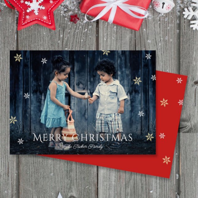 Cartão De Festividades Simple Gold Snowflakes Flat Photo Christmas Card (Criador carregado)