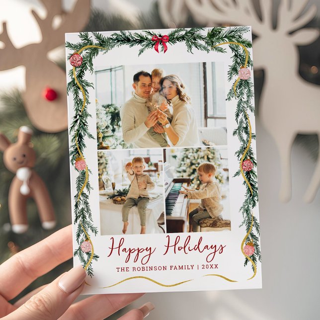 Cartão De Festividades Simple Greenery Garlands Happy Holidays 3 Foto (Criador carregado)